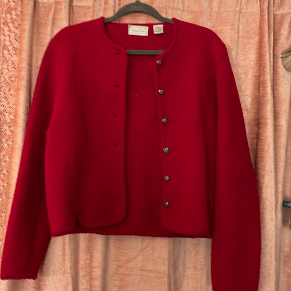 Boiled wool red cardigan with heart buttons, size 11/12